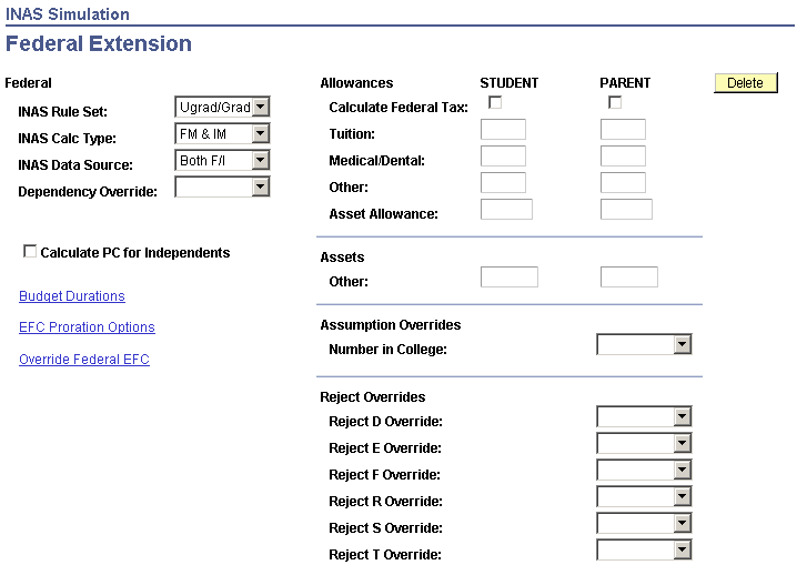 INAS (Institutional Need Analysis System) Simulation Federal Extension page