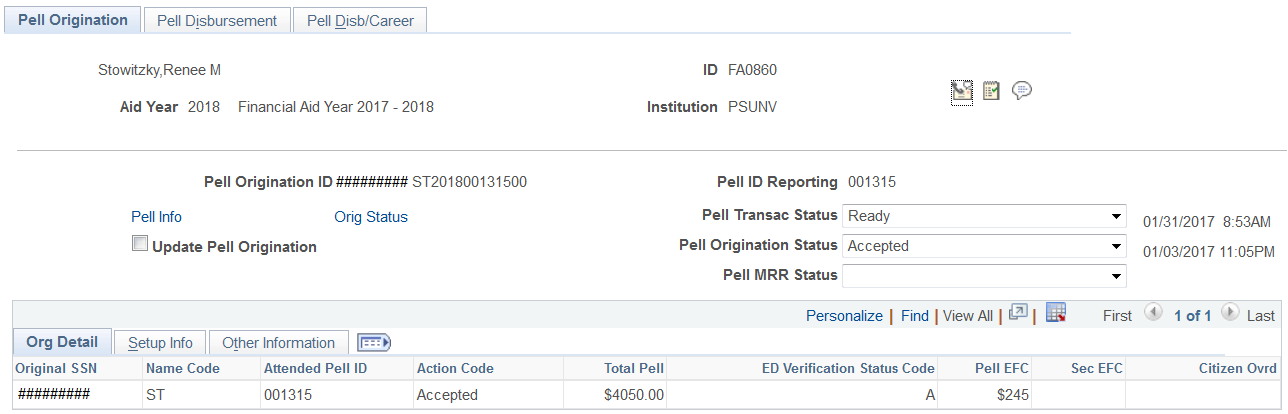 Pell Origination page, Org (Origination) Detail tab