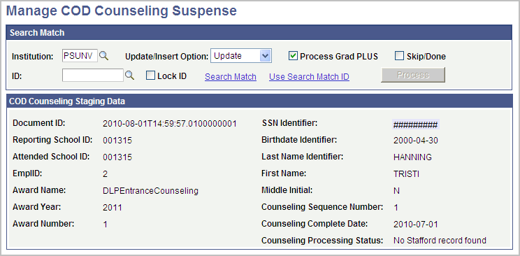Manage COD (Common Origination and Disbursement) Counseling Suspense page