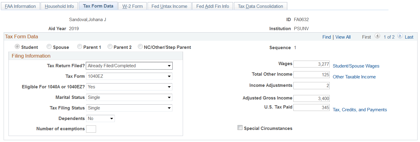 Tax Form Data page