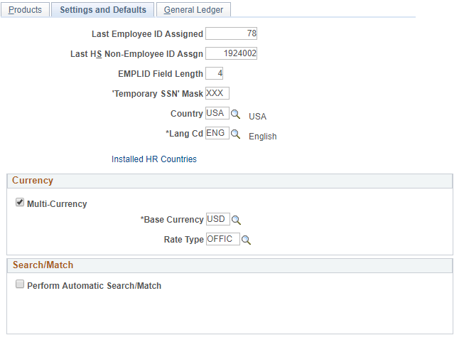 Settings and Defaults page