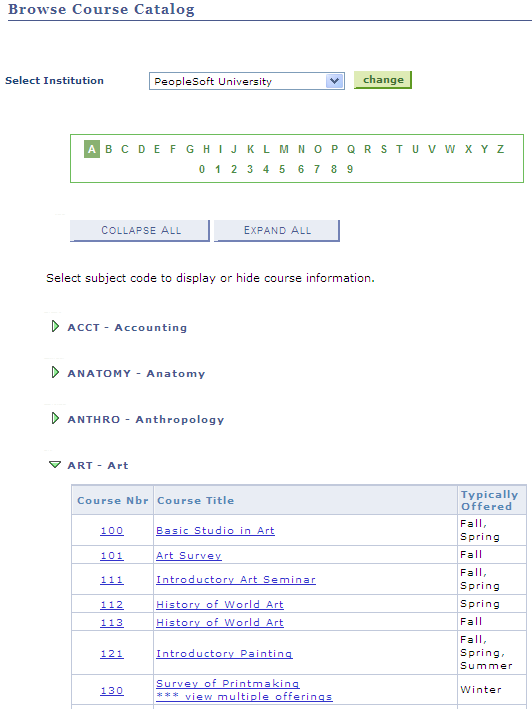 Browse Course Catalog page
