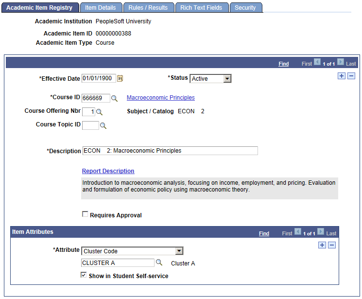 Academic Item Registry (COURSE) page