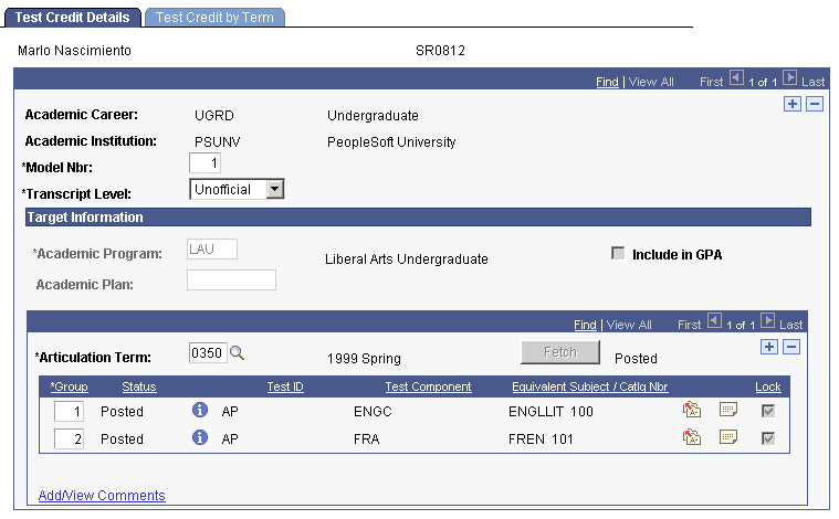 Test Credit Details page