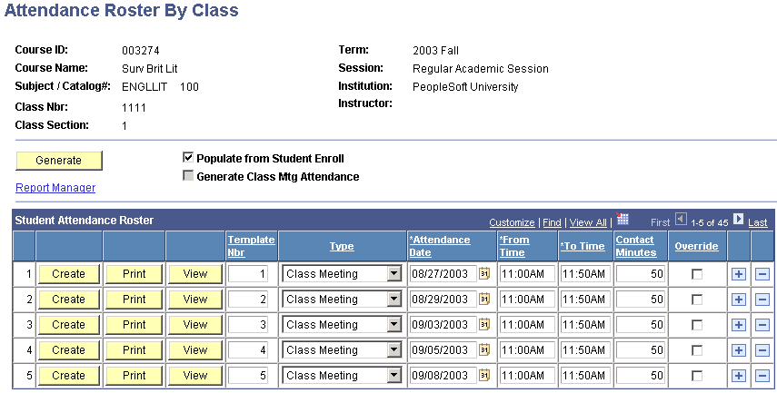 Attendance Roster By Class page