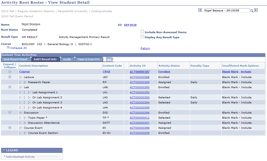 Activity Root Roster - View Student Detail page: Add'l Result Info tab