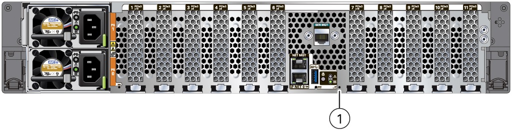 image:Figure showing the location of the SP Reset pinhole button on                                 the Oracle Server X8-2L back panel.