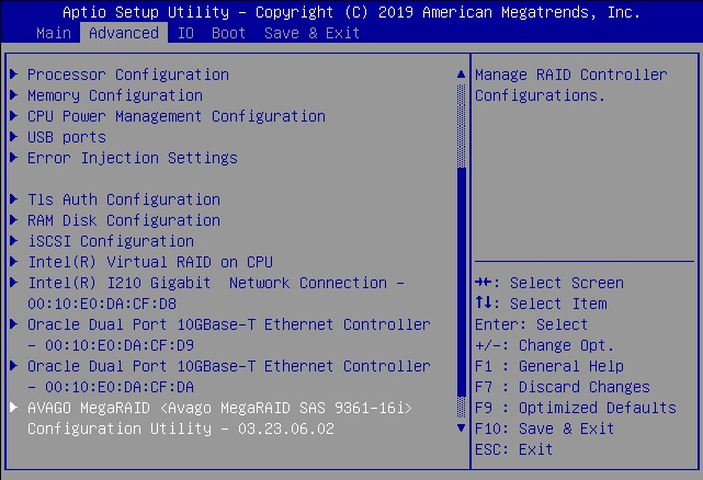 image:Figure of Advanced menu with MegaRAID Configuration Utility                                 selected.