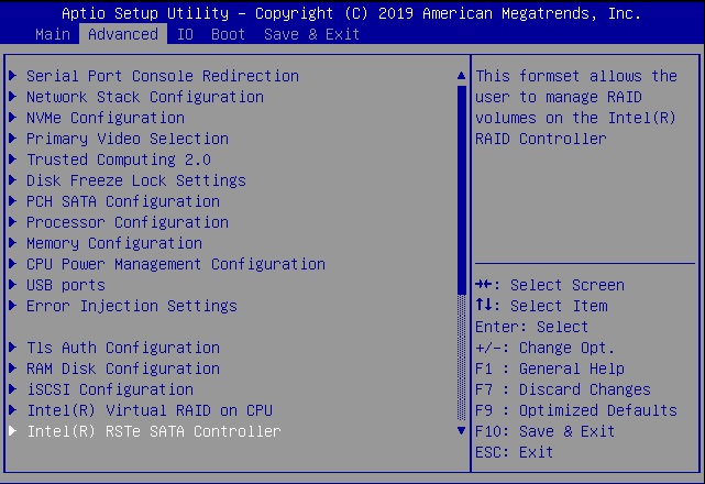 image:Figure showing the Advanced tab with Intel RSTe SATA Controller                                 selected.