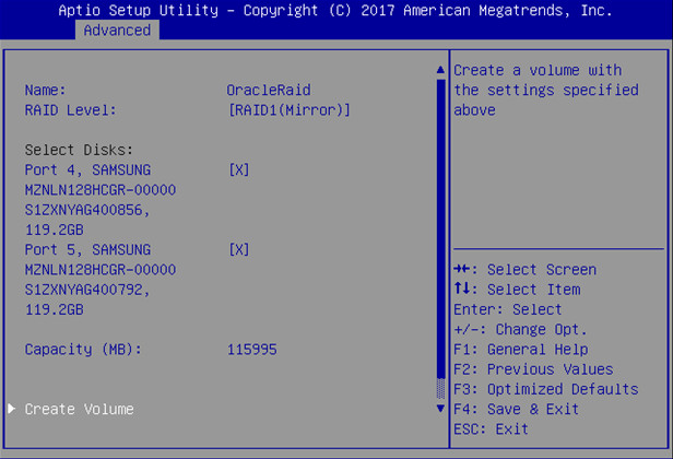image:Image showing the Create RAID Volume screen with Create Volume                                 highlighted.
