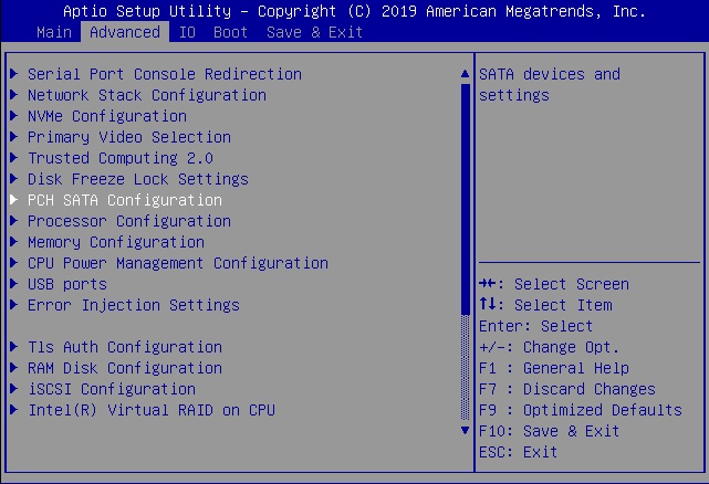 image:PCH SATA configuration selected on Advanced tab.
