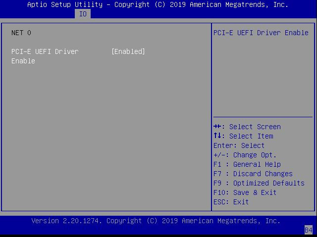 image:This figure shows the BIOS PCI-E UEFI Driver Enable settings                                 within the IO Menu.