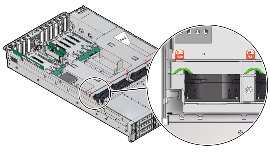 image:Figure showing the location of fan modules and associated status                             indicators.