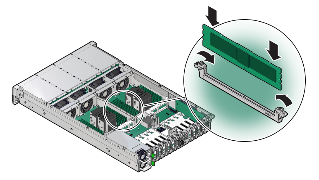 image:Figure showing a memory DIMM being installed into the                                     sever.