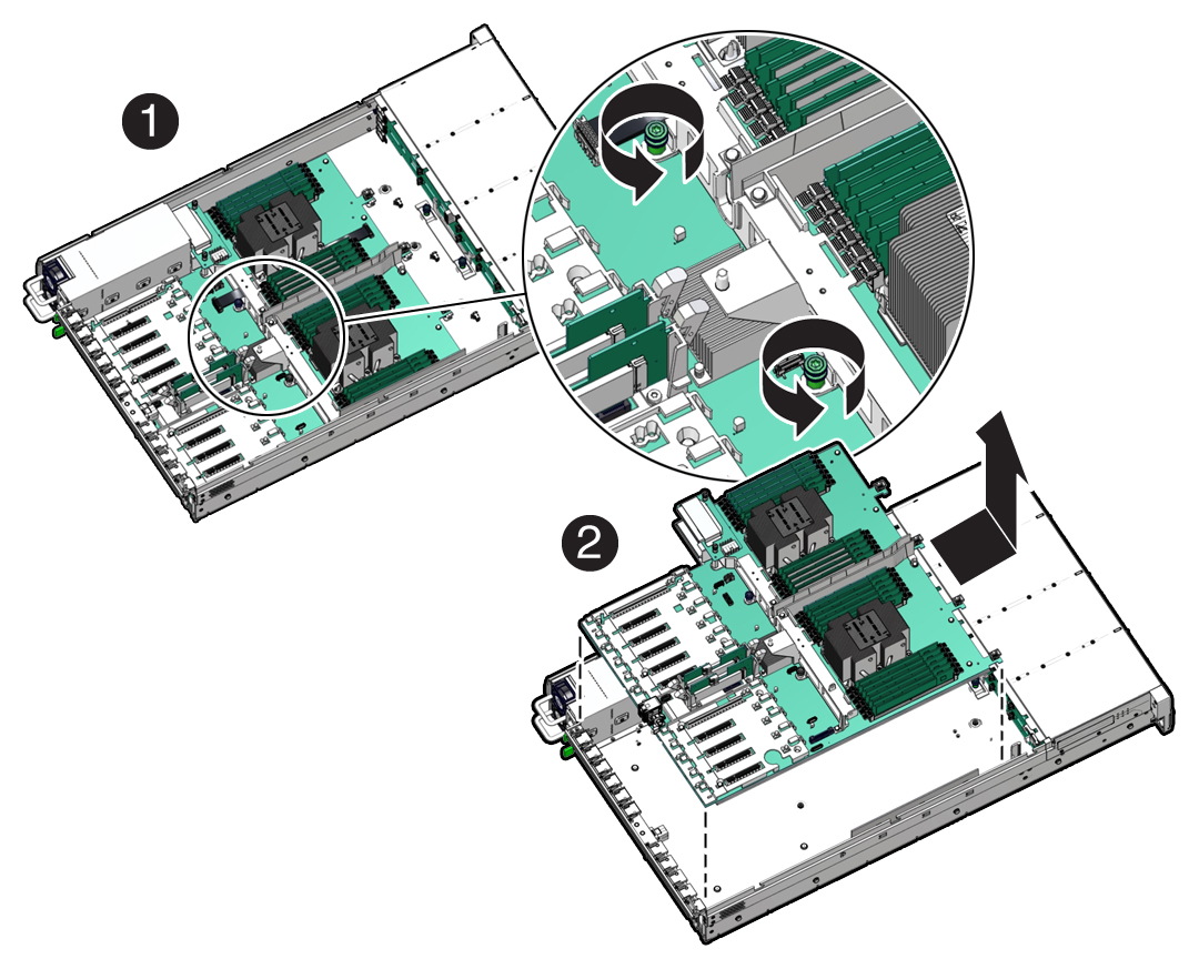 image:Figure showing the motherboard assembly being removed from the                             server.