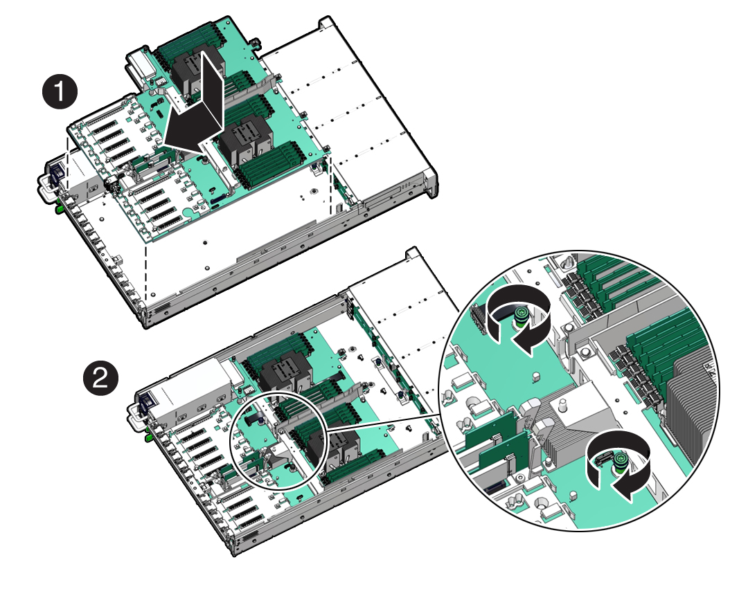 image:Figure showing the motherboard assembly being installed in the                             server.