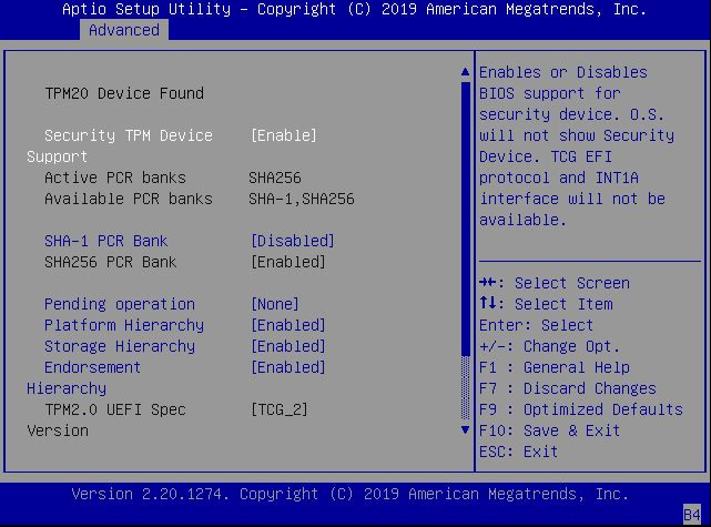 image:This figure shows the Trusted Computing 2.0 Configuration                                 screen with TPM support enabled.