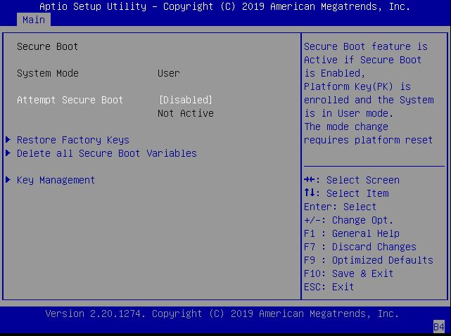 image:This figure shows the Secure Boot screen on the Security                                 settings Menu.
