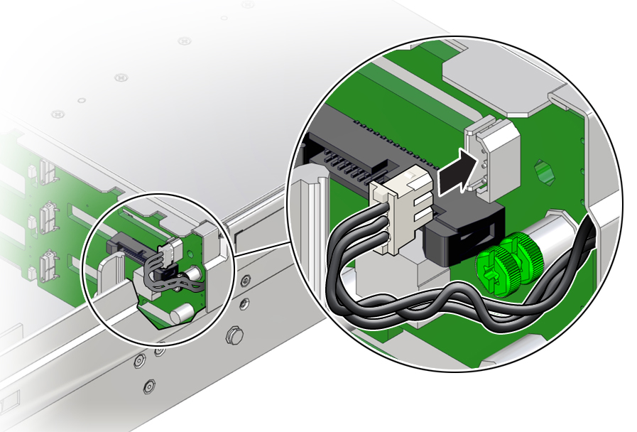 image:Figure showing the temperature sensor cable being connected to the                             disk backplane.