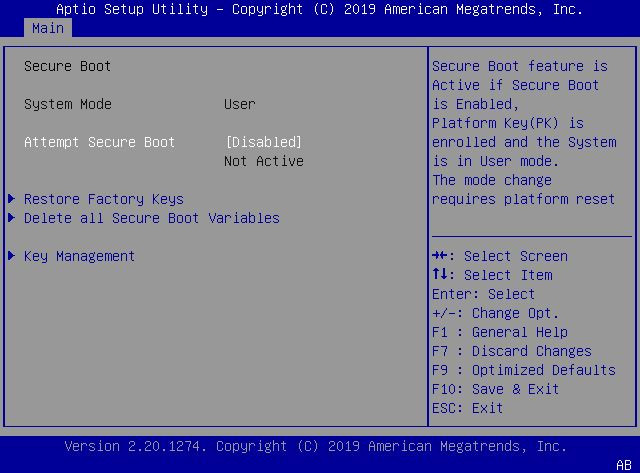 image:This figure shows the Secure Boot screen within the Security                                 settings Menu.