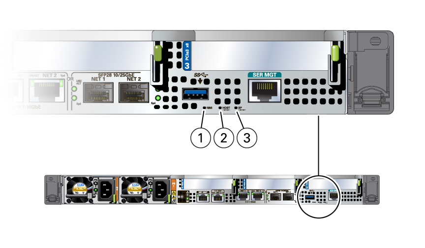 image:Figure showing the location of pinhole switches on the server rear                         panel.