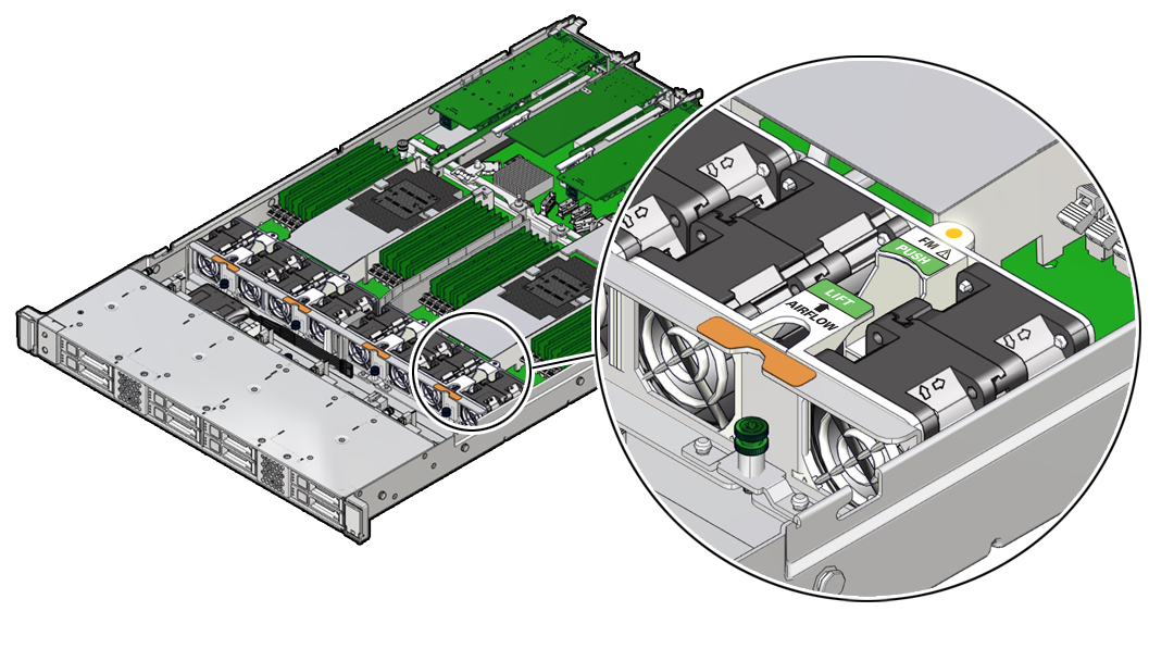 image:Figure showing the location of fan modules and associated status                             indicators.