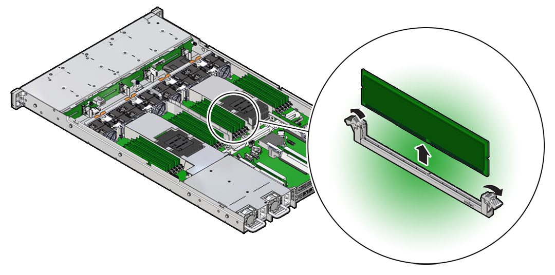 image:Figure showing a memory DIMM being removed from the                                     server.