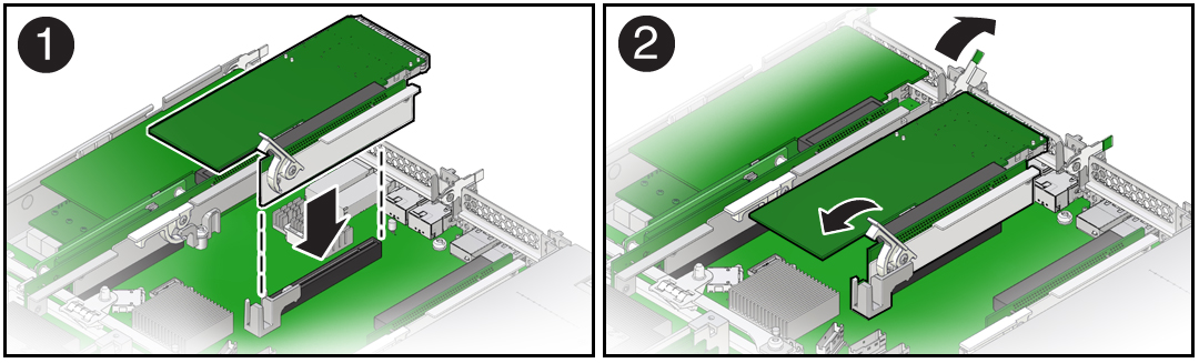 image:Figure showing how to install a PCIe riser in slots 1 and 2.