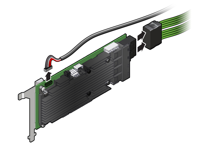 image:Figure showing how to remove the SAS cables and super capacitor                             cable from the internal HBA card in slot 4.