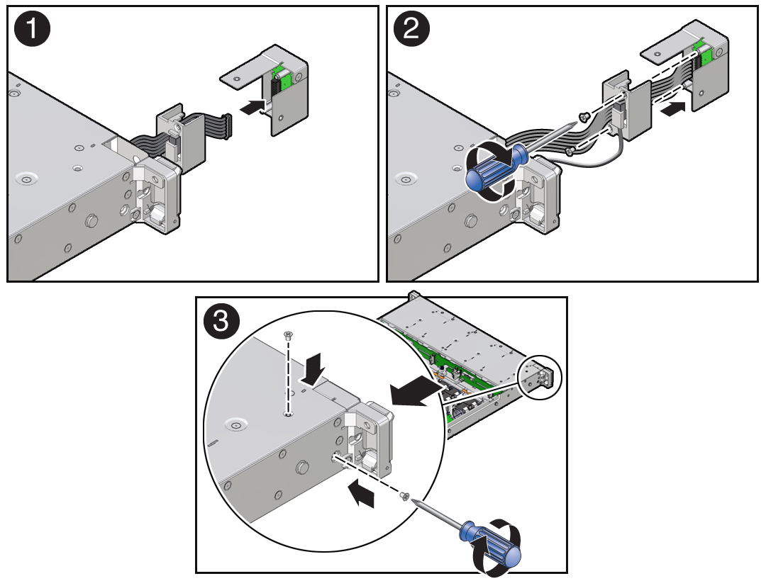 image:Figure showing how to install the front indicator module (FIM) into                             the server.