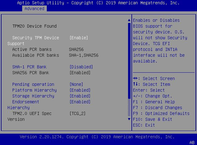 image:This figure shows the Trusted Computing 2.0 Configuration                                 screen with TPM support enabled.