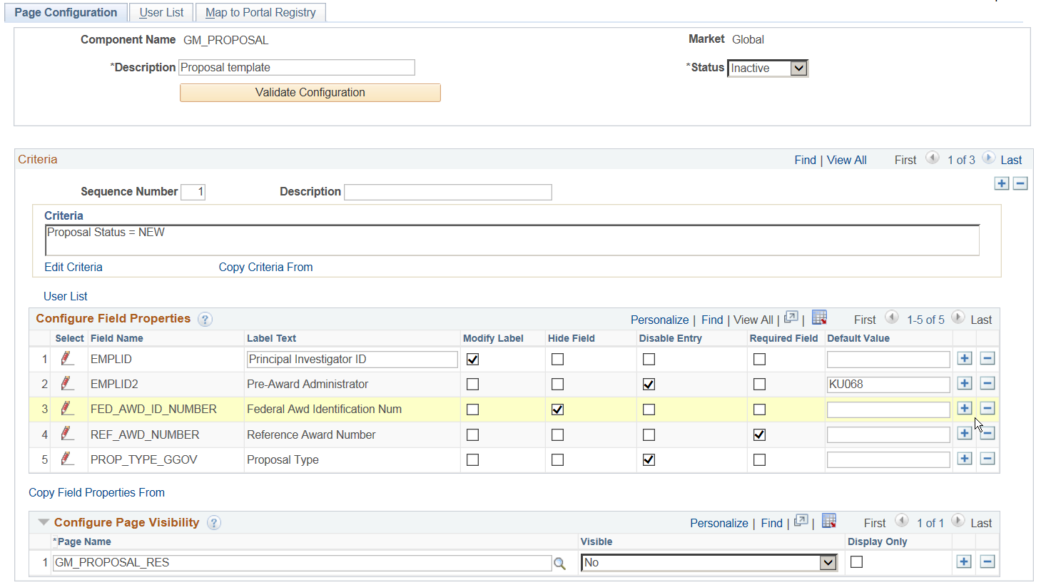 Page Configuration page