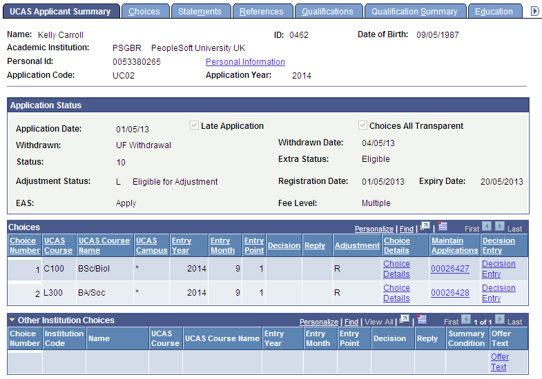 UCAS (Universities and Colleges Admissions Service) Applicant Summary page (1 of 3)