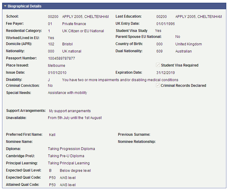 UCAS (Universities and Colleges Admissions Service) Applicant Summary page (2 of 3)