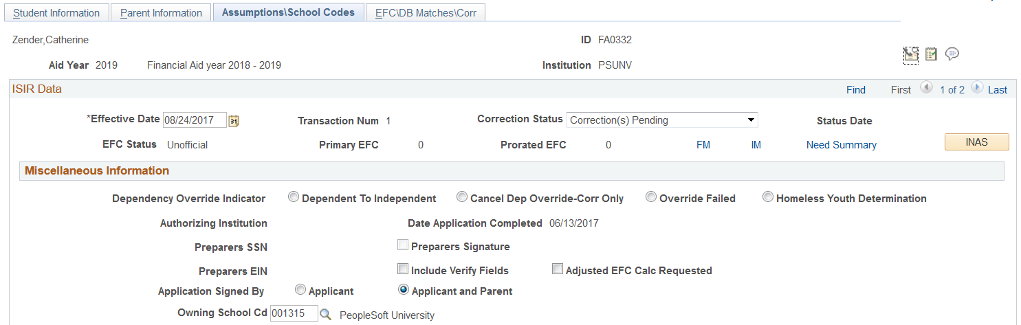 FAFSA (Free Application for Federal Student Aid) Assumptions\School Codes page (1 of 4)