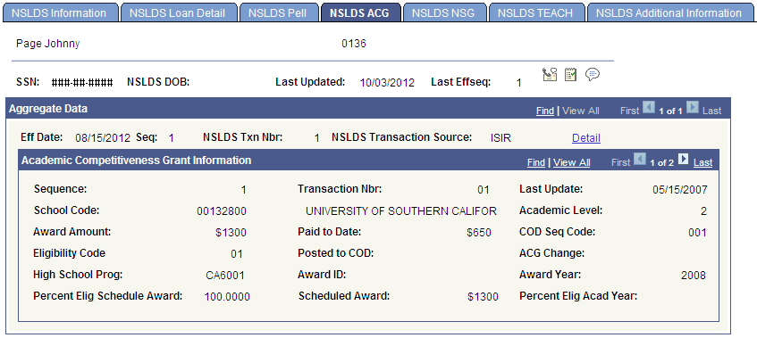 NSLDS (National Student Loan Data System) ACG (Academic Competitiveness Grant) page