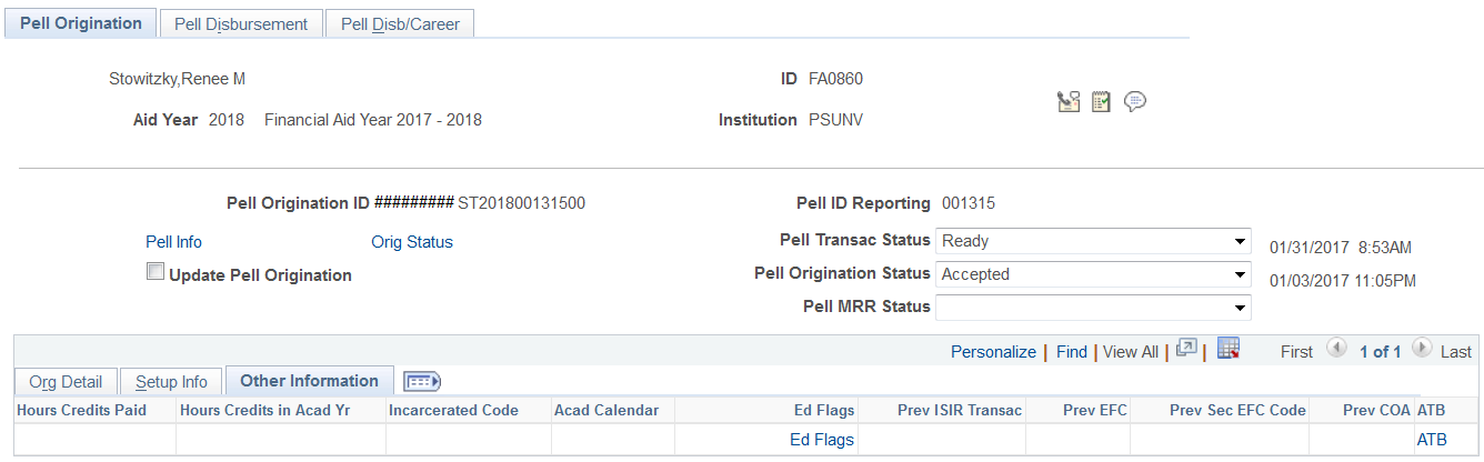 Pell Origination page: Other Information tab