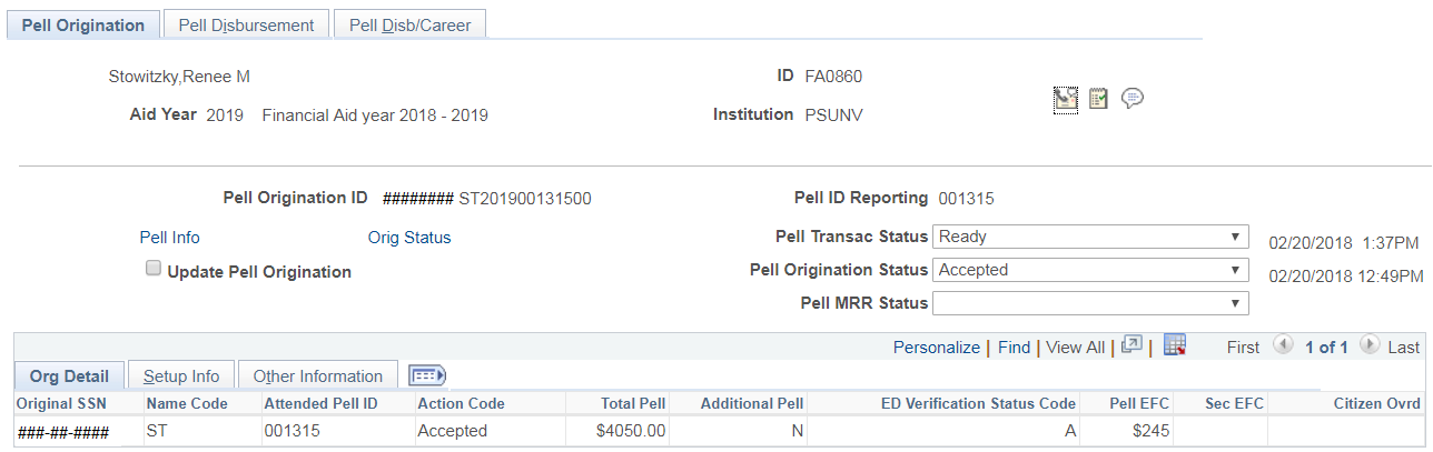 Pell Origination page, Org (Origination) Detail tab