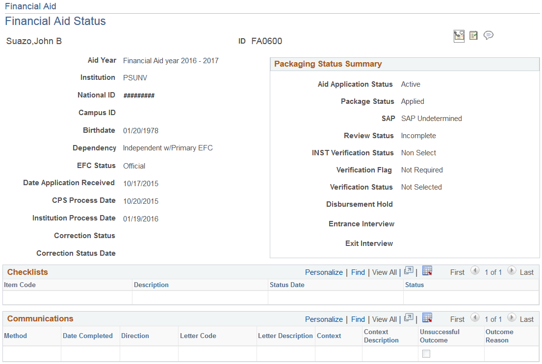 Financial Aid Status page (1 of 2)