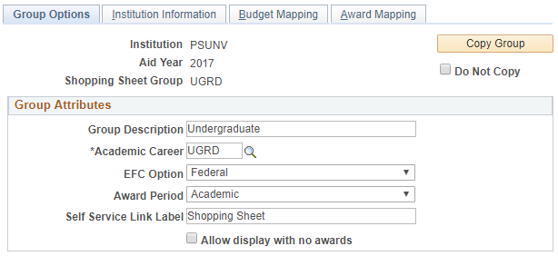 Group Options page
