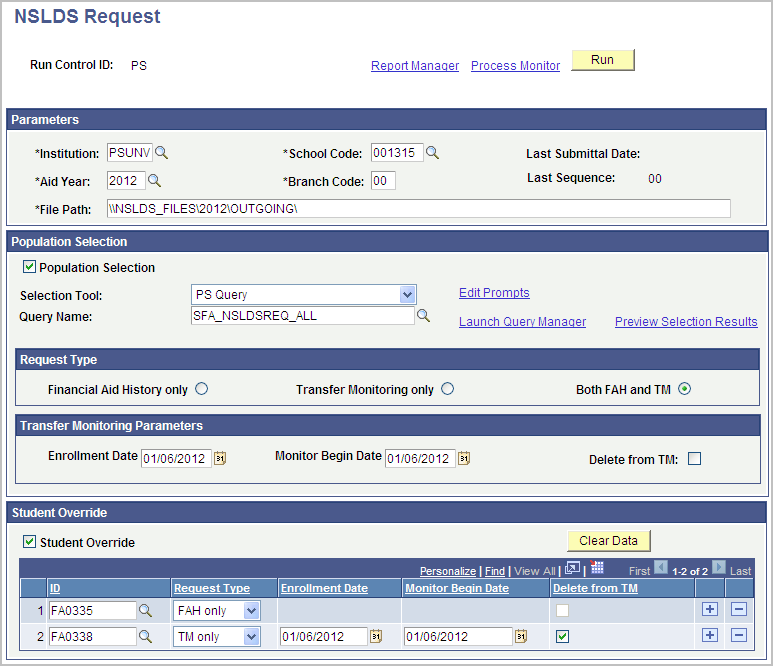 NSLDS (National Student Loan Data System) Request page