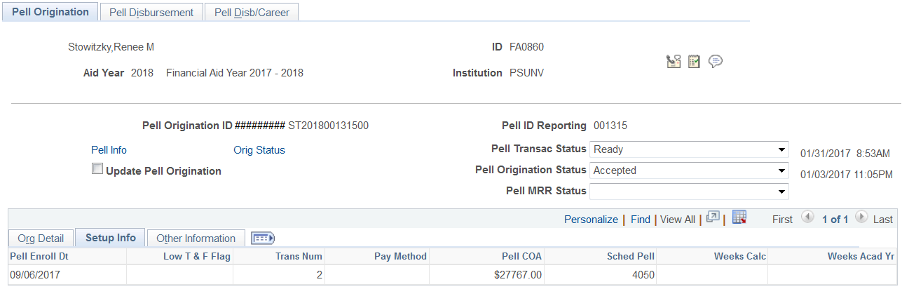 Pell Origination page: Setup Info (information) tab