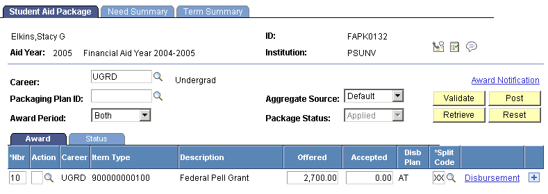 Student Aid Package page displaying the student's award for the AAP (academic award period) (Based on Pell Grant awarding functionality for the 2009 and prior aid years.)
