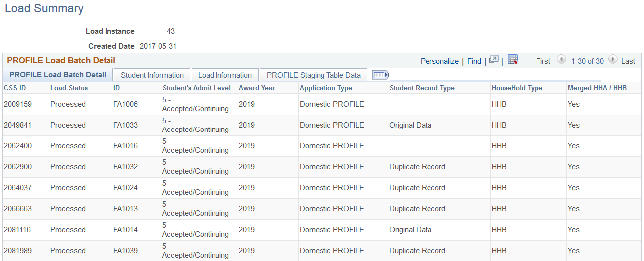 PROFILE Load Summary page, PROFILE Load Batch Detail tab