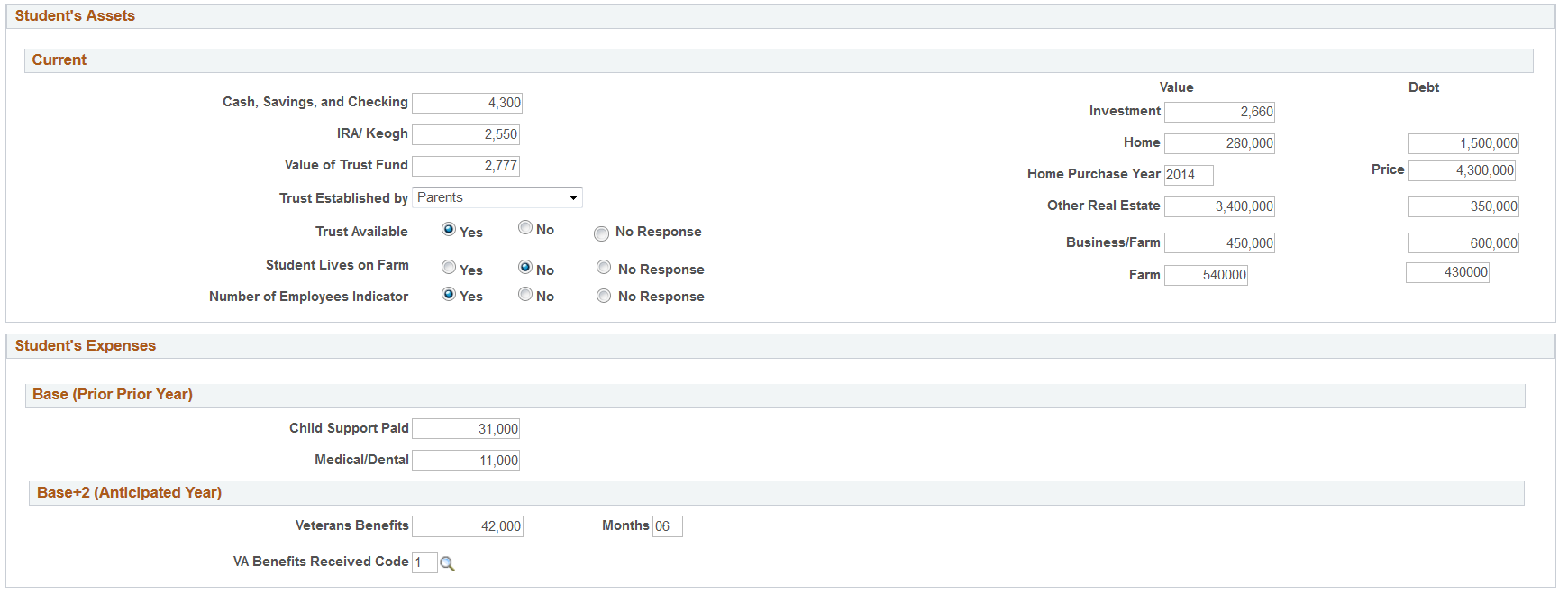 Maintain Institutional Application, Student Data tab (page 3 of 3)