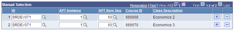 APT (Academic Progress Tracker) Enrollment page Manual Selection grid