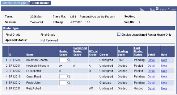 Grade Roster page