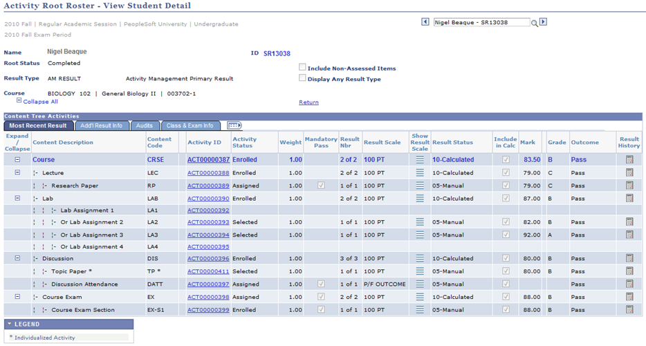 Activity Root Roster - View Student Detail page: Most Recent Result tab