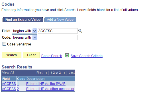 Codes search page