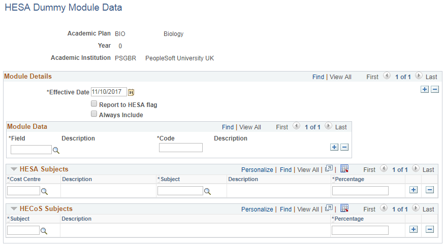 HESA (Higher Education Statistics Agency) Dummy Module Data page